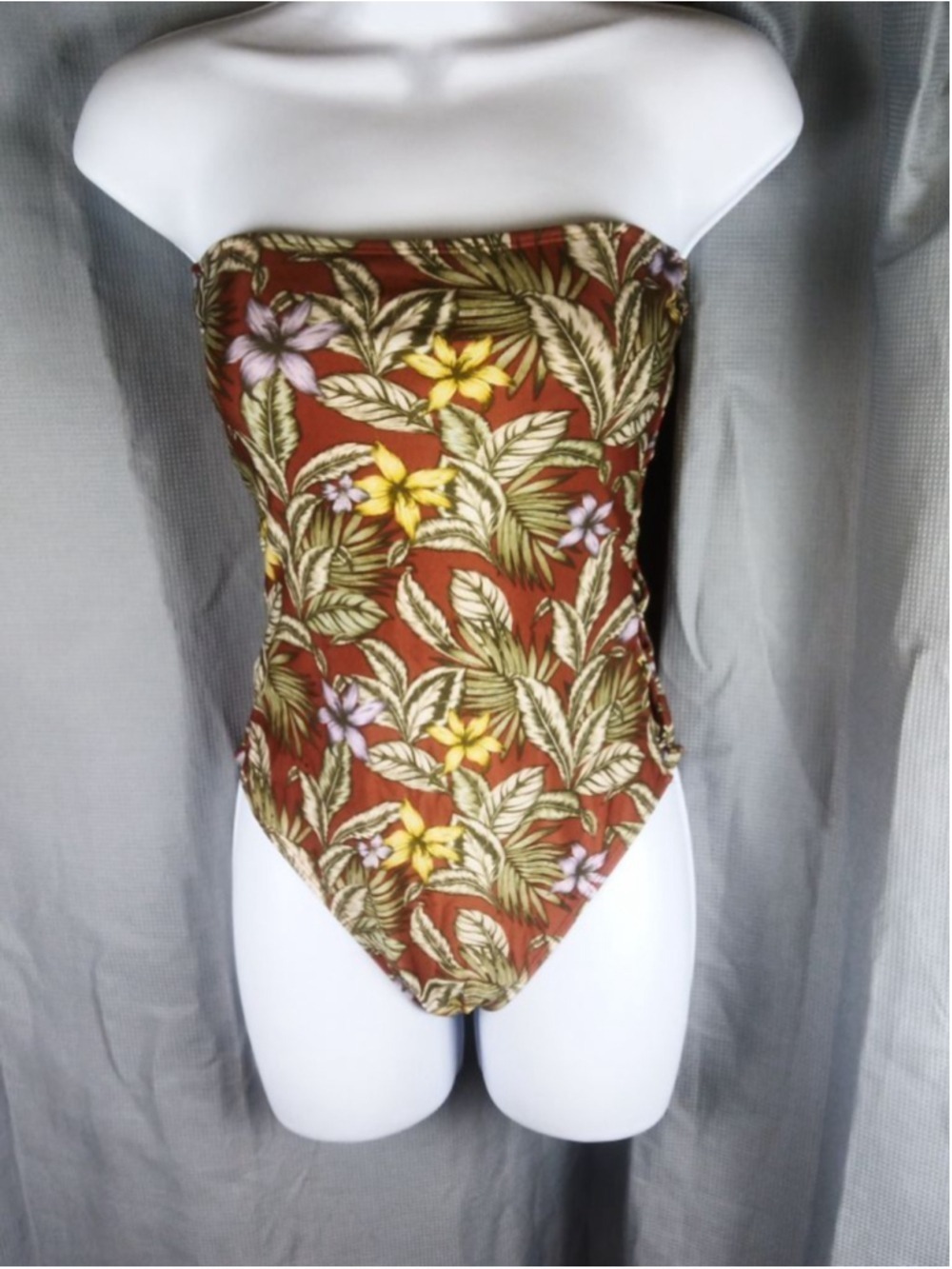 Women's AERO Brown Green Floral Strapless One Piece Swimsuit S